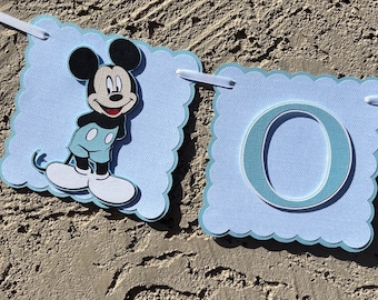 Baby Mickey Mouse, Baby 1st  Birthday Highchair Banner - 1 Row, I AM 1,,Baby Blue  Herringbone, Birthday Decoration, ONE birthday.