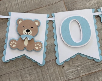 Teddy bear banner one banner Photo prop highchair banner. Party banner blue and white banner  Beary 1st birthday, happy 1st birthday