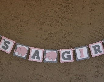 Elephant Baby Shower Banner , It"s A Girl,  Pink , White and Grey, New Baby, Party Banner, New Baby Celebration