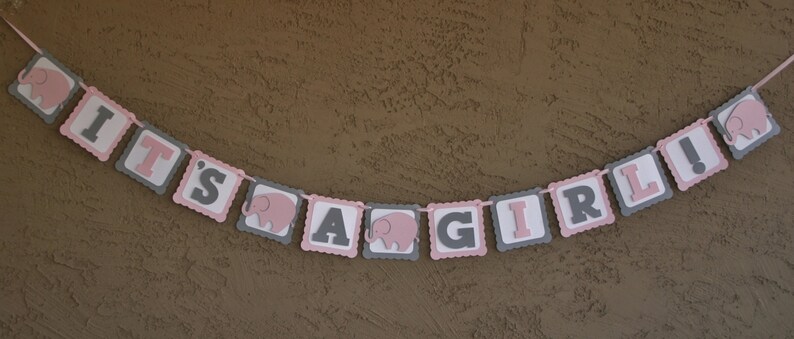 Elephant Baby Shower Banner , Its A Girl, Pink , White and Grey, New Baby, Party Banner, New Baby Celebration image 1