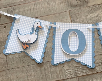 Silly Goose ONE Birthday Banner: Dusty Blue Gingham.