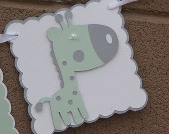 Giraffe gender neutral baby shower banner. White, Gray and pale green.