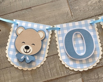 Teddy Bear 1st Birthday Banner: Blue Gingham Highchair Decor
