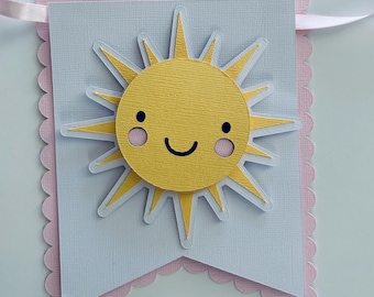 Sunshine birthday banner. One highchair prop. Photo prop. Yellow, pink and white. You are our/my sunshine. Face or no face.