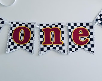 Cozy coupe ONE banner. Red and yellow coupe with black and white checkered cardstock
