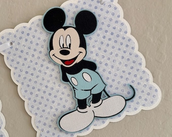 Baby Mickey Mouse, Baby 1st  Birthday Highchair Banner - 1 row banner. ONE Birthday. I am 1 banner. Navy blue lettering.
