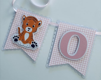Safari animal ONE banner. Pink and white small gingham. Choice of 2 animals. Photo prop. Highchair Banner.