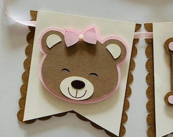 Girl ONE teddy bear banner. Cream, Pink and Kraft. Photo prop. Highchair banner.