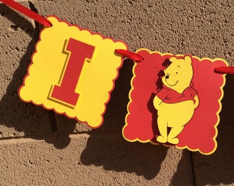 Winnie the Pooh. Birthday Banner.  I am 1 banner. Red and Yellow. Happy Birthday. Photo Prop. Highchair Banner.