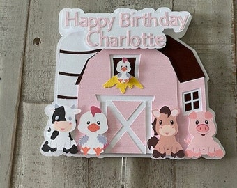 Farm cake topper.  Pink Farm theme birthday. Barnyard cake topper.