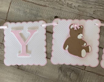 Teddy Bear Baby Shower Banner, Pink & White Decoration
