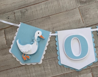 Silly goose ONE banner, 1st birthday banner, high chair banner, photo prop banner. One silly goose. Blue and white.