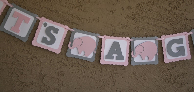 Elephant Baby Shower Banner , Its A Girl, Pink , White and Grey, New Baby, Party Banner, New Baby Celebration image 2