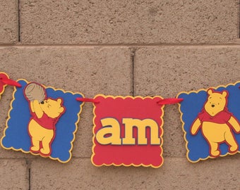 Winnie the Pooh. Birthday Banner.  I am 1 banner. Red Blue and Yellow. Happy Birthday. Photo Prop. Highchair Banner.