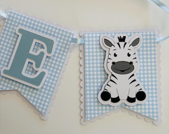 Safari animal ONE banner. Blue and white small gingham. Choice of 2 animals. Photo prop.Highchair prop.