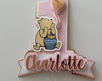 Winnie the Pooh pink Cake Topper. Pooh Cake Topper. Happy Birthday Sign. Baby Shower. Centerpiece Decorations. Pink and rose gold.