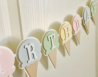 Ice cream birthday banner. Happy Birthday banner.  Ice Cream and cone. Ice cream decorations.