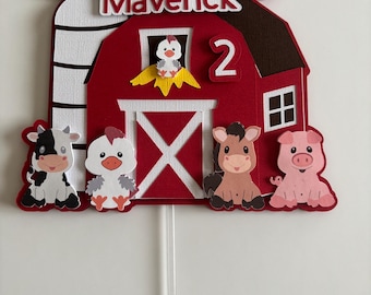 Barn cake topper. Red and white. Happy Birthday plus name and age. Farm animals.