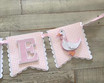 Silly Goose One  Banner: Pink and white Gingham 1st Birthday decoration.