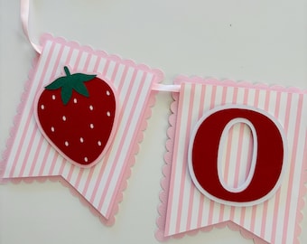 Strawberry first birthday decor. High chair, photo prop. Berry 1st birthday. Girl banner, pink and red.
