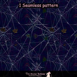 Pode incluir: Um padrão sem costuras com teias de aranha brancas sobre um fundo azul-marinho escuro com pequenas aranhas coloridas. O texto 1 Seamless pattern aparece no topo e The Mouse Burrow illustrated Patterns na parte inferior.