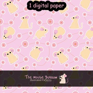 Pode incluir: Um padrão de papel digital com ratos bege claro com orelhas cor-de-rosa e olhos pretos espalhados sobre um fundo cor-de-rosa claro com linhas castanhas finas e pequenos motivos florais circulares cor-de-rosa. O texto 1 digital paper e The Mouse Burrow.