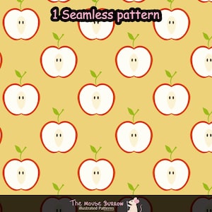 Pode incluir: Um padrão sem costuras com um gráfico repetitivo de maçãs cortadas ao meio com contornos vermelhos, polpa branca e caules verdes sobre um fundo amarelo claro. O texto 1 Seamless pattern aparece no topo e The Mouse Burrow illustrated Patterns na parte inferior.