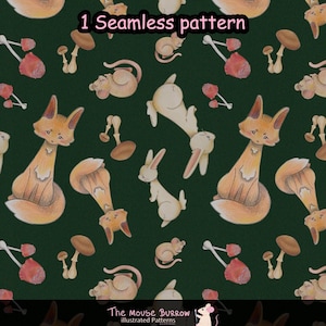 Pode incluir: Um padrão sem costuras sobre um fundo verde escuro com raposas cor de laranja, ratos bege e vários cogumelos castanhos e cor-de-rosa ilustrados. O texto 1 Seamless pattern é visível no topo e The Mouse Burrow illustrated Patterns na base.