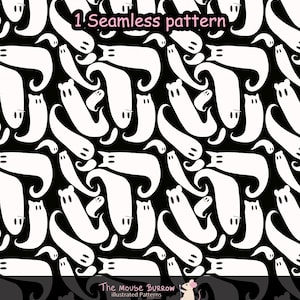 Pode incluir: Um padrão sem costuras com figuras brancas semelhantes a fantasmas sobre um fundo preto sólido. O texto 1 Seamless pattern aparece no topo, e The Mouse Burrow illustrated Patterns com um pequeno ícone de rato está na parte inferior.