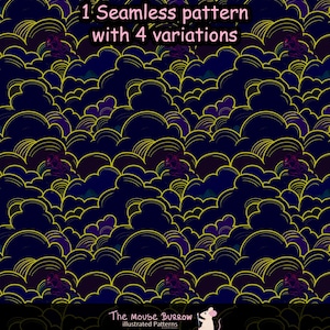 Pode incluir: Um padrão sem costuras com nuvens azul-escuras estilizadas com contornos roxos e amarelos. O texto 1 Seamless pattern with 4 variations é exibido no topo. A parte inferior inclui o texto The Mouse Burrow illustrated Patterns.
