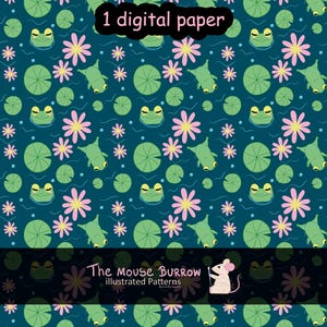 Pode incluir: Um papel digital com um padrão repetitivo sobre um fundo verde-azulado escuro, ilustrando sapos verdes, vitórias-régias verde-claras e flores cor-de-rosa com centros amarelos. O texto 1 digital paper e The Mouse Burrow illustrated Patterns aparece.