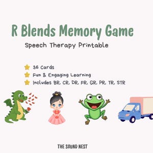 Pode incluir: Um jogo imprimível de terapia da fala, "R Blends Memory Game". A imagem apresenta um dragão verde, uma princesa, um sapo e um caminhão azul. O jogo inclui 36 cartas e foca em combinações como BR, CR, DR, FR, GR, PR, TR e STR.
