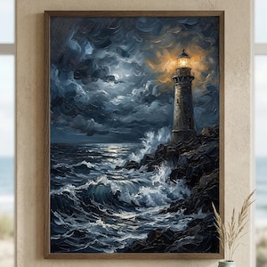 Puede incluir: Pintura enmarcada de un faro en una costa rocosa bajo un cielo tormentoso. La obra representa olas rompiendo, nubes oscuras y el faro iluminado. La pintura está firmada "Ada Wall Art Studio".