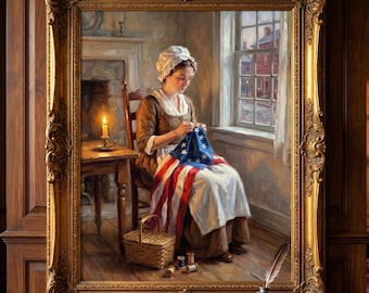 Cuadro al óleo inspirado en Betsy Ross para decoración de paredes con temática americana.