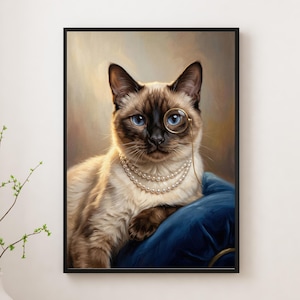 Vintage Regal Siamese Cat Portrait Print, Aristocratic Pet Wall Art with Pearls & Monocle