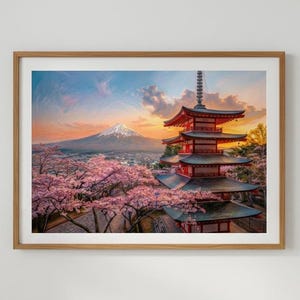 Mount Fuji Cherry Blossom Oil Painting, Japanese Pagoda Landscape Wall Art, Sunset,