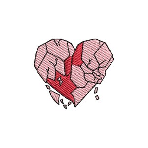 May include: Embroidered design of a broken heart. The heart is composed of geometric shapes in shades of pink and red, with a fragmented appearance. The design is on a white background.