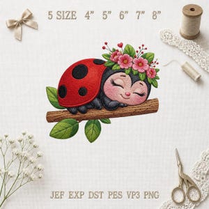 Sleeping Ladybug Embroidery Design, Floral Ladybird Embroidery File, Cute Spring Bug Cartoon Pattern, 5 Size, Instant Download