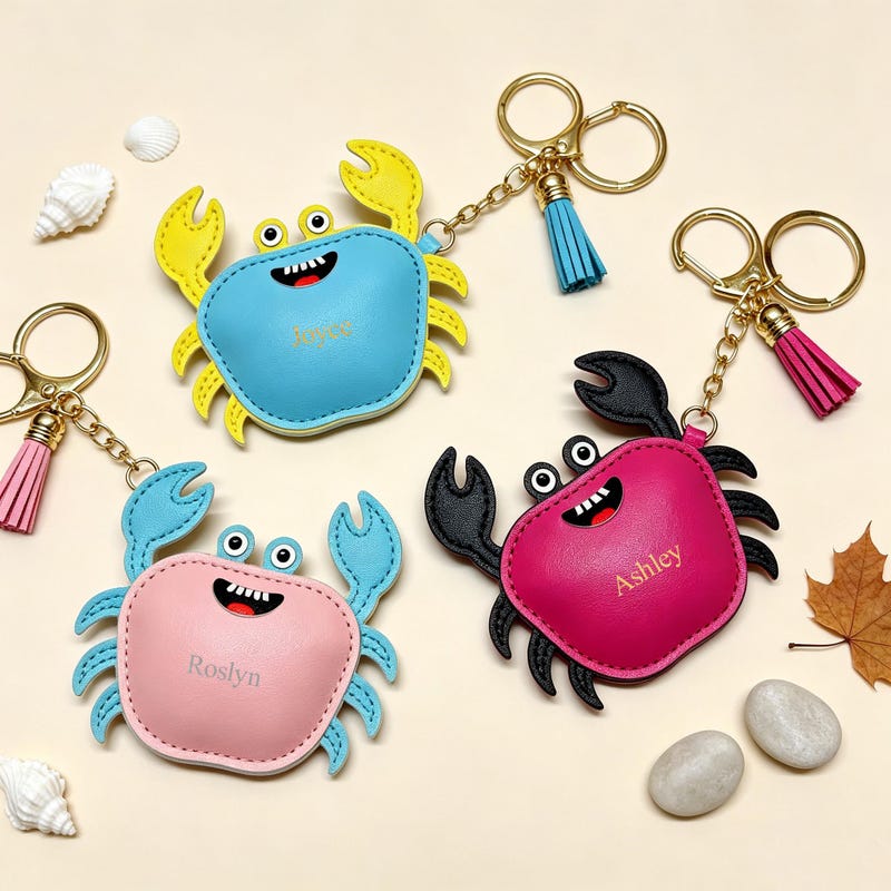 Personalized Crab Keychain Charm with Gold Foil Name, Customizable Marine Animal Bag Decor, Lovely Gift for Friends.