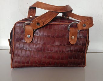 Borsa bauletto NUOVA 100% artigianale pelle vitello marrone stampa cocco