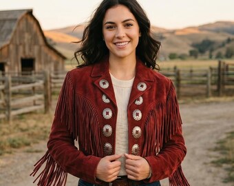 Czerwona zamszowa kurtka z frędzlami w stylu western, krótki płaszcz kowbojski, płaszcz z frędzlami w stylu boho