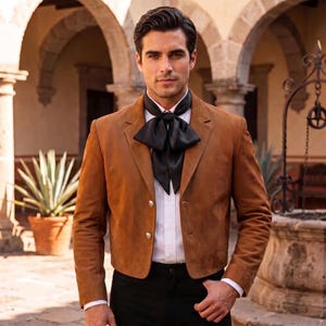 May include: A tan suede blazer with a white button-down shirt and a black satin necktie. The blazer features a notched lapel and two silver-toned buttons on the front. The black necktie is tied in a wide, structured bow at the collar.