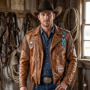 Brown Distressed Leather Fringe Biker Jacket | Western Eagle Patch Moto Coat