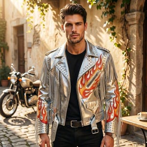 Puede incluir: Una chaqueta de cuero plateado metalizado con largos flecos en el pecho y las mangas, adornada con gráficos de llamas en rojo y naranja vibrantes, tachuelas plateadas, solapa con muesca, cremallera frontal y un cinturón con hebilla.