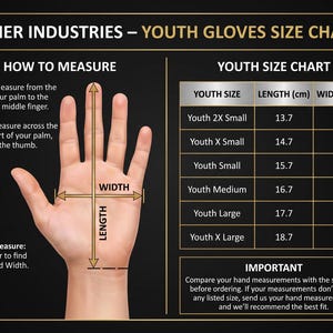 May include: A Saher Industries youth gloves size chart on a black background. It features an illustration of a hand with arrows indicating length and width measurements, alongside a table listing sizes from 2X Small to X Large in centimeters.