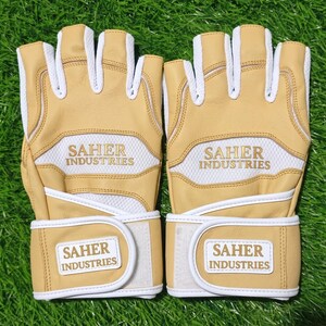 May include: A pair of fingerless gloves in tan and white. The gloves feature tan leather panels, white mesh inserts, and white piping. The text SAHER INDUSTRIES is printed in gold on the back of the hand and on the white wrist strap closure.