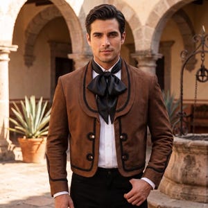 May include: A brown suede jacket with black trim and silver buttons worn over a white button-down shirt with a black satin necktie. The jacket features a rounded collar and long sleeves with black piping details along the edges and cuffs.