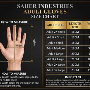 May include: A size chart for Saher Industries adult gloves featuring a diagram of a hand with length and width measurement lines. A table lists sizes from 2X Small to 3X Large with corresponding measurements in centimeters for length and width.