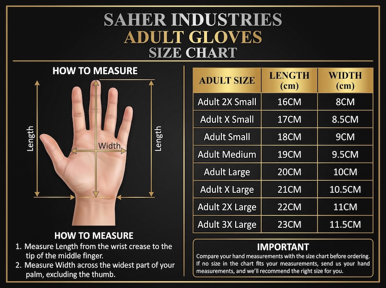 May include: A size chart for Saher Industries adult gloves featuring a diagram of a hand with length and width measurement lines. A table lists sizes from 2X Small to 3X Large with corresponding measurements in centimeters for length and width.