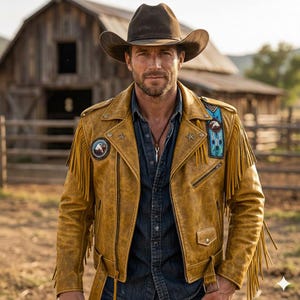 Distressed Leather Fringe Biker Jacket | Western Cowboy Eagle Patch Moto Coat